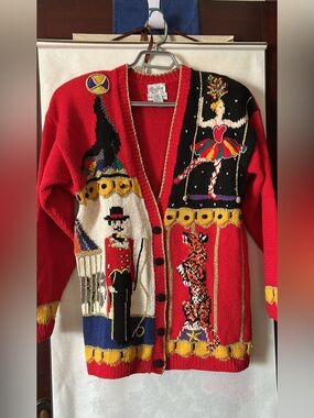 circus animal sweater 90s vintage carnival clown hand knit cardigan by Raffia XL